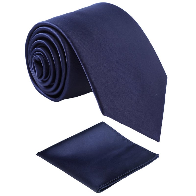 fortunatever Mens Solid Satin Neckties With Gift Box+Pocket Square(Navy Blue) - Image 1